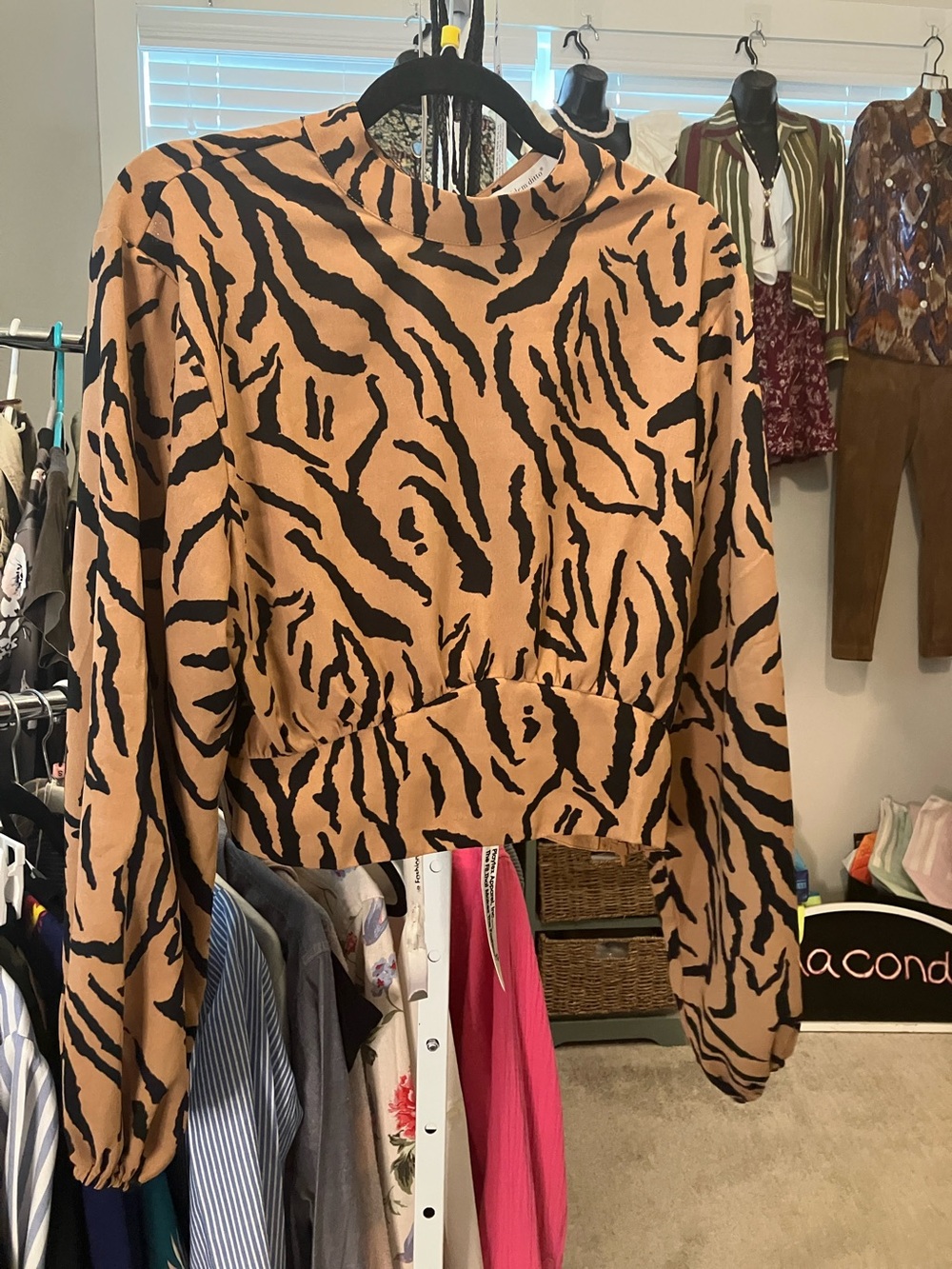 Animal-Print Tan and Black Cropped Sweatshirt